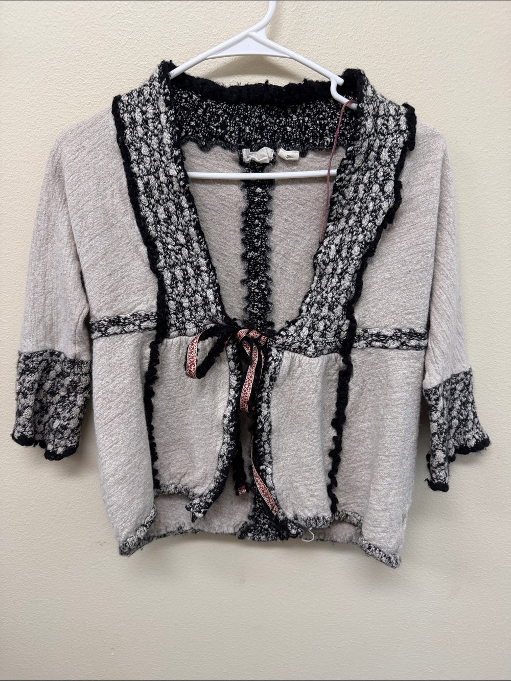 Anthropologie Sleeping on Snow Cream Cardigan with Black Trim and Tie Front SzS